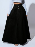 Women's Black High WaistButton Front Slim Fit A-Line Denim Maxi Skirt