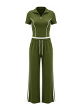 Women's Stand Collar Half-Zip Short Sleeve Top Side Stripe Wide-Leg Pants Casual Two-Piece Set