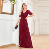 Formal Party Women's Sexy Sequin V-Neck Short Sleeve Fishtail Bridesmaid Long Dress（Processing time need 3-6 days）