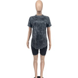 Women Printed Short Sleeve Top and Shorts Casual Sports Two-Piece Set