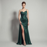 Sheer Lace Asymmetric Pleated High Slit Formal Evening Dress