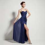 Sheer Lace Asymmetric Pleated High Slit Formal Evening Dress