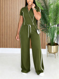 Women's Stand Collar Half-Zip Short Sleeve Top Side Stripe Wide-Leg Pants Casual Two-Piece Set