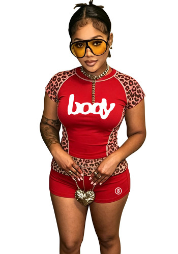 Women's Fashion Leopard Print Patchwork Short Sleeve T-shirt Sport Shorts Two-Piece Set