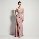 Sheer Lace Asymmetric Pleated High Slit Formal Evening Dress