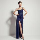 Sheer Lace Asymmetric Pleated High Slit Formal Evening Dress
