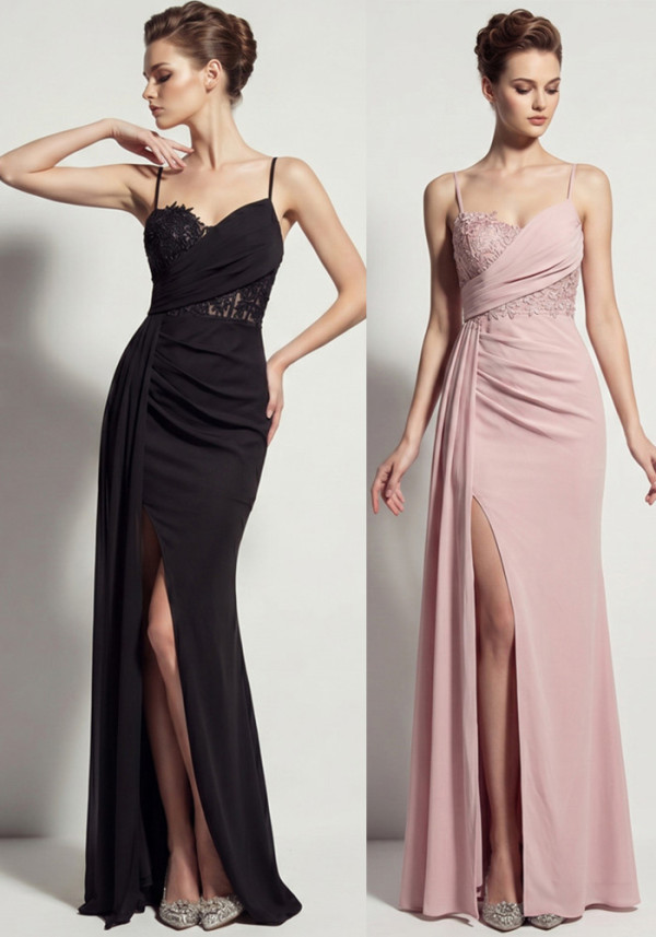 Sheer Lace Asymmetric Pleated High Slit Formal Evening Dress