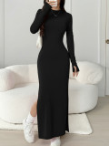 Women's Casual Solid Long Sleeve Slim Side Slit Bodycon Dress