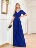 Formal Party Women's Sexy Sequin V-Neck Short Sleeve Fishtail Bridesmaid Long Dress（Processing time need 3-6 days）