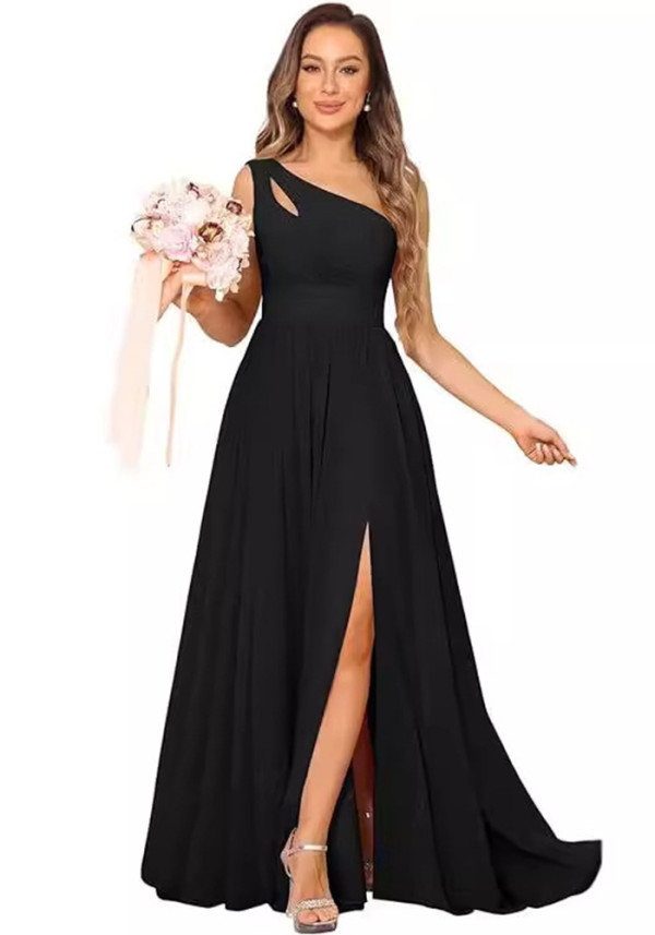 Formal Chic Sleeveless Sexy High Waist Slit Slash Shoulder Maxi Evening Dress