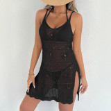 Sexy Hollow Knit Slit Beach Cover-Up Strap Dress