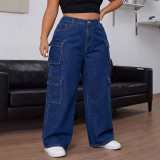 Women's Washed Cargo Denim High Waist Loose Wide Leg Multi-Pocket Pants