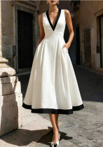 Summer Women's Color-Block V-Neck Slim Waist Solid Chic Elegant Long Dress Summer Women's Color-Block V-Neck Slim Waist Solid Chic Elegant Long Dress