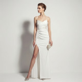 Sheer Lace Asymmetric Pleated High Slit Formal Evening Dress