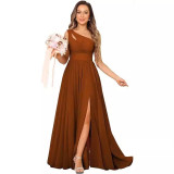 Formal Chic Sleeveless Sexy High Waist Slit Slash Shoulder Maxi Evening Dress