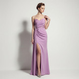 Sheer Lace Asymmetric Pleated High Slit Formal Evening Dress