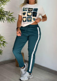 Summer Women's Printed Casual Round Neck Short Sleeve Drawstring Pocket Pants Set