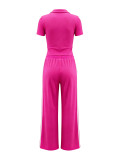 Women's Stand Collar Half-Zip Short Sleeve Top Side Stripe Wide-Leg Pants Casual Two-Piece Set