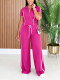 Women's Stand Collar Half-Zip Short Sleeve Top Side Stripe Wide-Leg Pants Casual Two-Piece Set