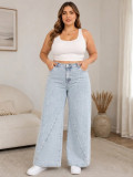 Plus Size Women's Washed Wide Leg Denim High Waist Loose Straight Leg Pants