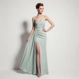 Sheer Lace Asymmetric Pleated High Slit Formal Evening Dress