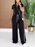 Women's Stand Collar Half-Zip Short Sleeve Top Side Stripe Wide-Leg Pants Casual Two-Piece Set