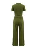 Women's Stand Collar Half-Zip Short Sleeve Top Side Stripe Wide-Leg Pants Casual Two-Piece Set