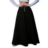 Women's Black High WaistButton Front Slim Fit A-Line Denim Maxi Skirt