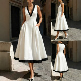 Summer Women's Color-Block V-Neck Slim Waist Solid Chic Elegant Long Dress