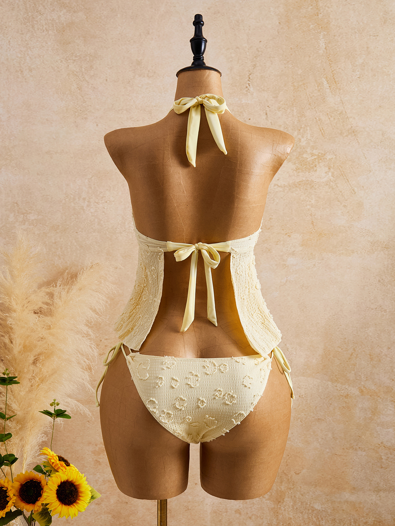 Lace Halter Neck Tie Ruffle Two-Piece Bikini Swimsuit