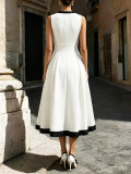 Summer Women's Color-Block V-Neck Slim Waist Solid Chic Elegant Long Dress