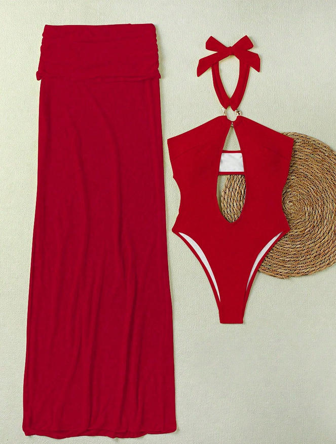 Solid Hollow-Out Halter One-Piece Swimsuit & Skirt Set