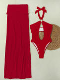 Women's Solid Sexy Hollow Halter Neck One-Piece Swimsuit Skirt Two-Piece Set