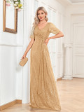 Formal Party Women's Sexy Sequin V-Neck Short Sleeve Fishtail Bridesmaid Long Dress（Processing time need 3-6 days）