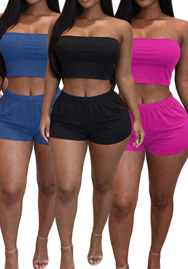Women's Solid Strapless Crop Top Elastic Waist Shorts Two-Piece Set
