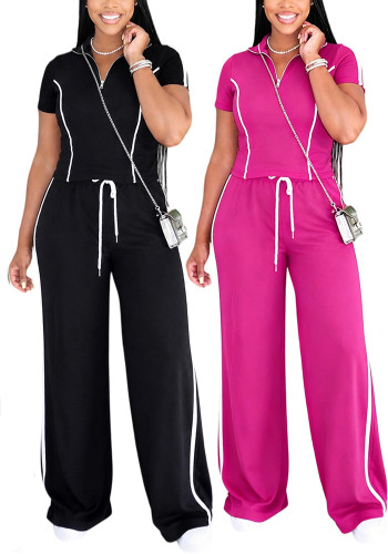 Women's Stand Collar Half-Zip Short Sleeve Top Side Stripe Wide-Leg Pants Casual Two-Piece Set