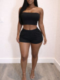 Women's Solid Strapless Crop Top Elastic Waist Shorts Two-Piece Set