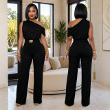 Women Elegant Slash Shoulder Belt Jumpsuit