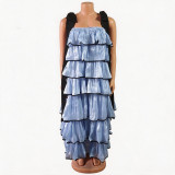 Plus Size Women Summer Pleated Skirt Color Block Cascading Ruffles Dress