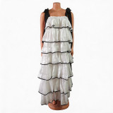 Plus Size Women Summer Pleated Skirt Color Block Cascading Ruffles Dress