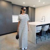 Women Casual Striped Round Neck Short Sleeve Slit Dress