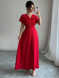 Women Red V-Neck Long Pleated Elegant Maxi Dress
