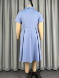 Plus Size Women Light Blue Striped Turndown Collar Dress
