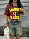 Women Summer Casual Plaid Letter Print Turndown Collar Short-Sleeve Shirt