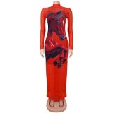 Women Sexy Mesh Print Beaded Dress