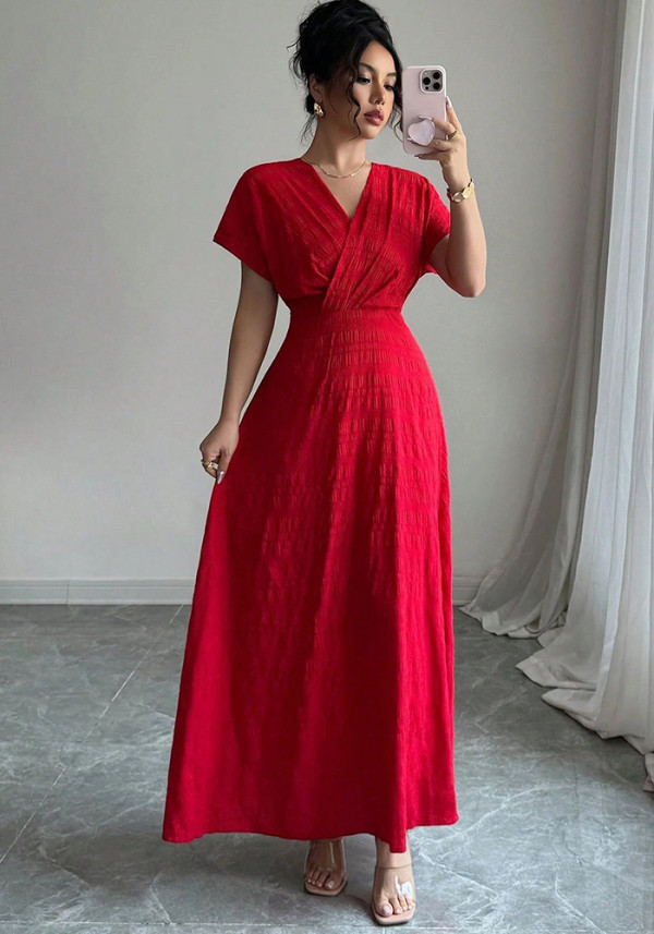 Women Red V-Neck Long Pleated Elegant Maxi Dress
