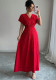 Women Red V-Neck Long Pleated Elegant Maxi Dress