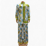 Plus Plus Size Women Autumn Long-Sleeved Checkered Print Shirt and Pants Two-Piece Set