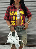 Women Summer Casual Plaid Letter Print Turndown Collar Short-Sleeve Shirt