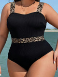Plus Size Women Sexy Leopard Print Patchwork Halter One-Piece Swimwear